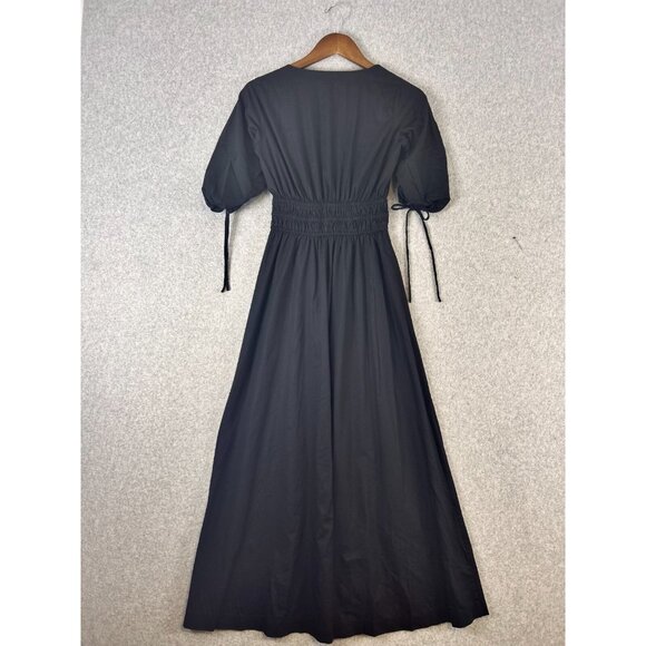 LOFT Maxi Dress Women's XXS Black V-Neck Ruche Pleated A-Line Puff Sleeve - Picture 11 of 11